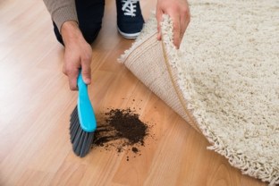 Man Using Brush To Sweep Mud On Hardwood Floor